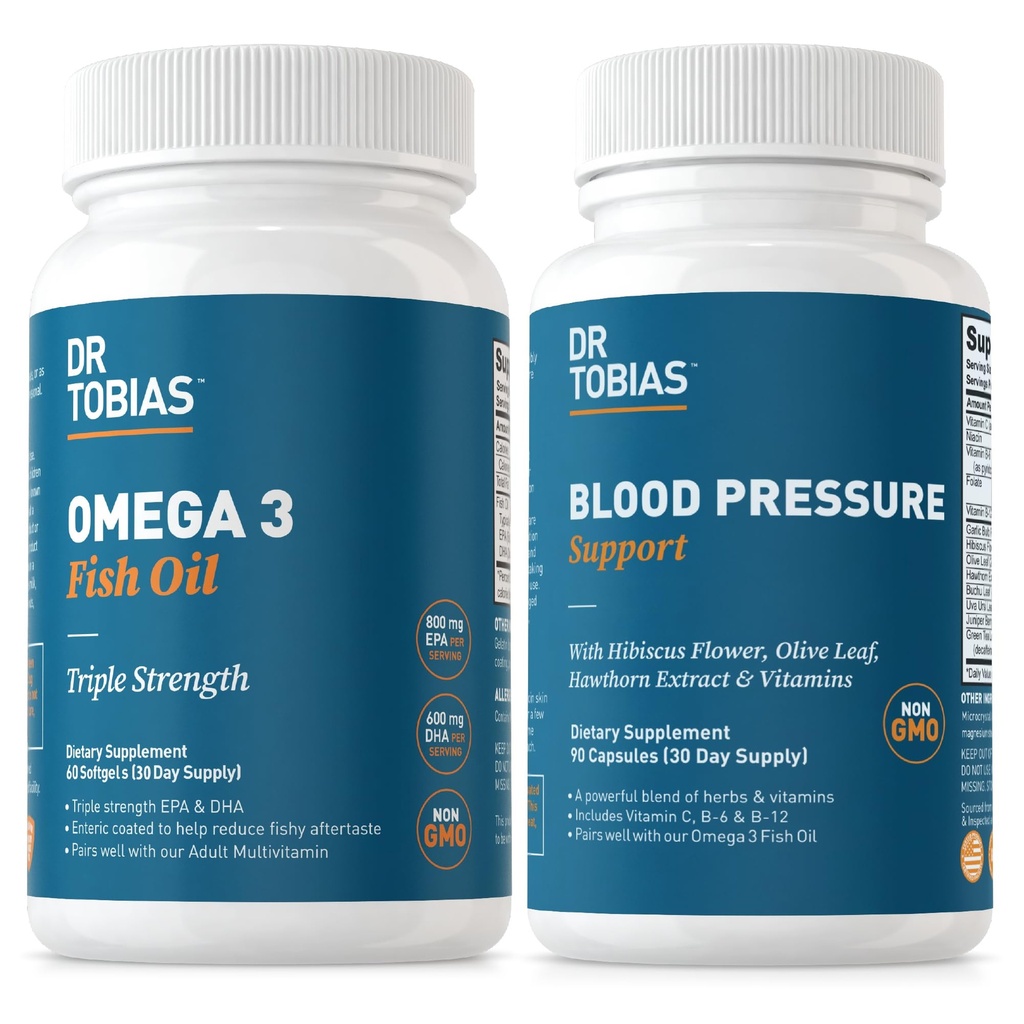 Dr. Tobias Omega 3 Fish Oil & Blood Pressure Support Kosttilskudd for hjerte, hjerne, immun, sirkulerende helse, med vitamin C, B6, B12, Niacin, Folat og urter
