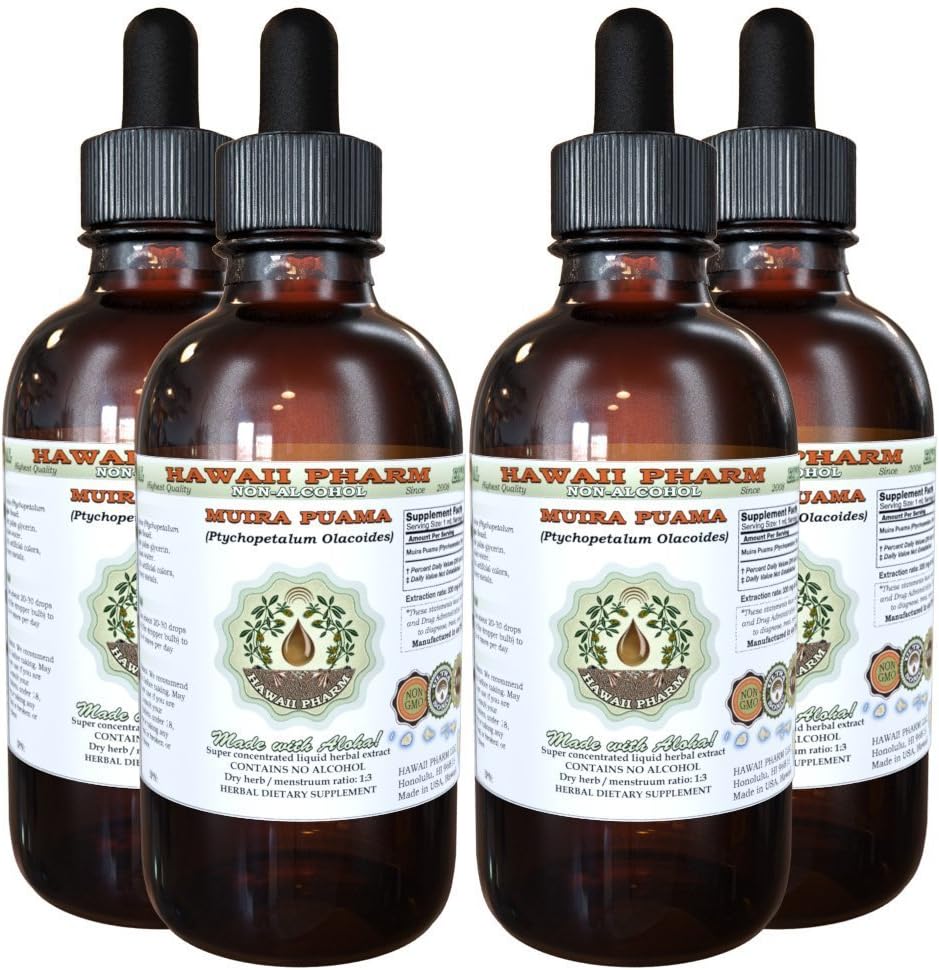 Muira Puama alkoholfri flytende ekstrakt, organisk Muira Puama (Ptychopetalum Olacoides) Glyceritt Naturlig Herbal Supplement, Hawaii Pharm, USA 4x4 oz