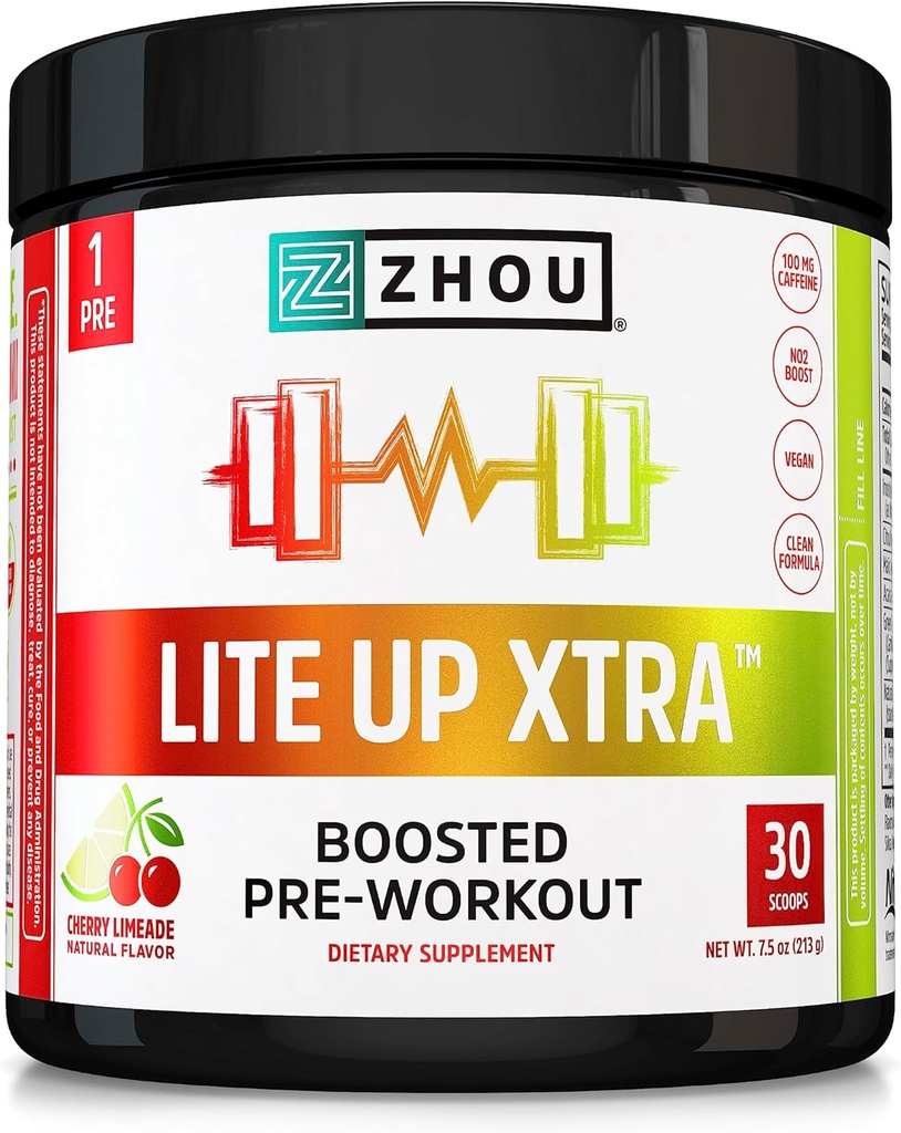 Zhou Lite opp Xtra - Sukker gratis pre trening pulver for kvinner og menn, Preworkout Supplement med koffein for ren energi, Aminosyre støtte, Hydrate & Focus, Plante Basert - 30 Scoops