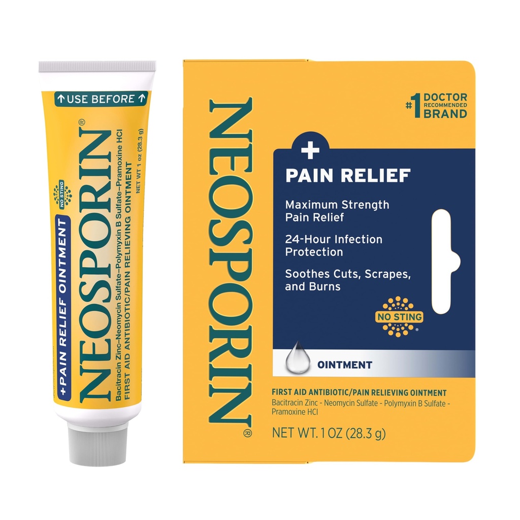 Neoporin + Maksimal styrke trippel antibiotiske ovning med smertelindring, dobbel handling førstehjelp sårpleie, No-Sting Formel med Pramoxine HCl, Bacitracin sink, 1 oz Single Tube