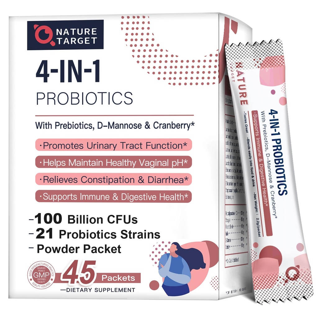 NATURE TARGET Probiotika-for-Women Prebiotika-og-probiotika-Powder, 100-million-CFU 45-dag-supply, kvinners probiotika med D-Mannose og Cranberry for urinveistrakt/Gut/Digestiv helse