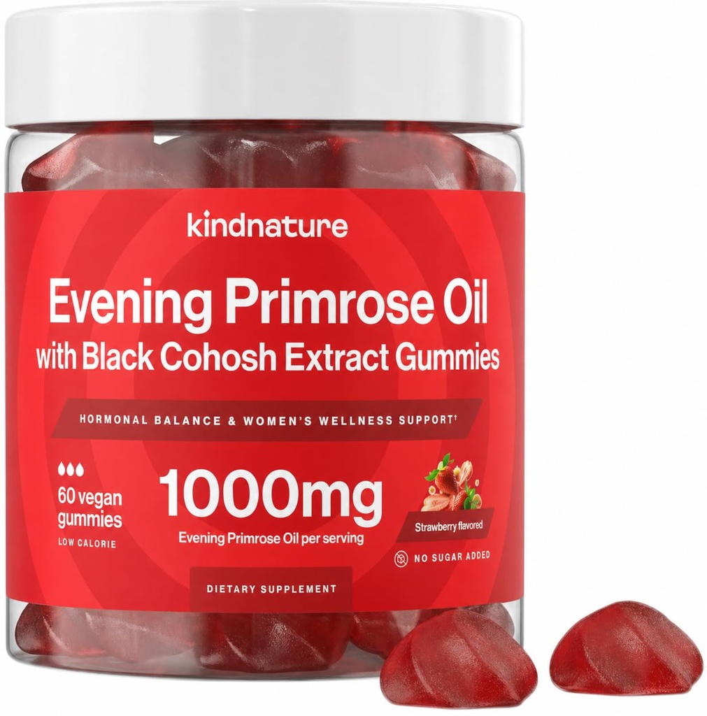 kinnatur kveld Primrose olje gummer for kvinner – 1000 mg med svart cohosh ekstrakt – Hormonell balanse, PMS & Menopause Support – Vegansk, sukker-fri, ikke-GMO