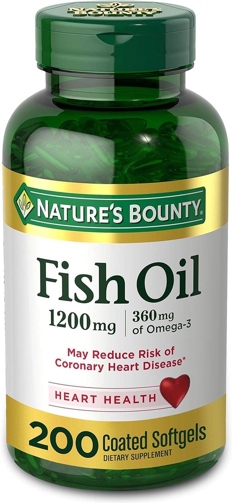 FIsh Olje ved naturens Bounty, kosttilskudd, Omega 3. Støtter hjerte helse, 1200 Mg, 200 Rapid Release Softgels