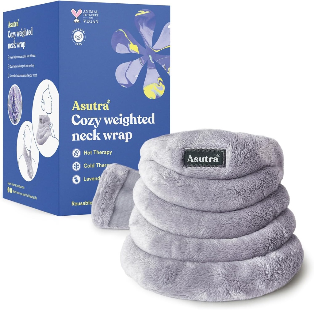 ASUTRA Vektet hals Wrap, Plush Gray - håndfri mikrobølgeovnbar oppvarming Pad for hals og skulder, varm og kald kompressor, Lavender Aromaterapi
