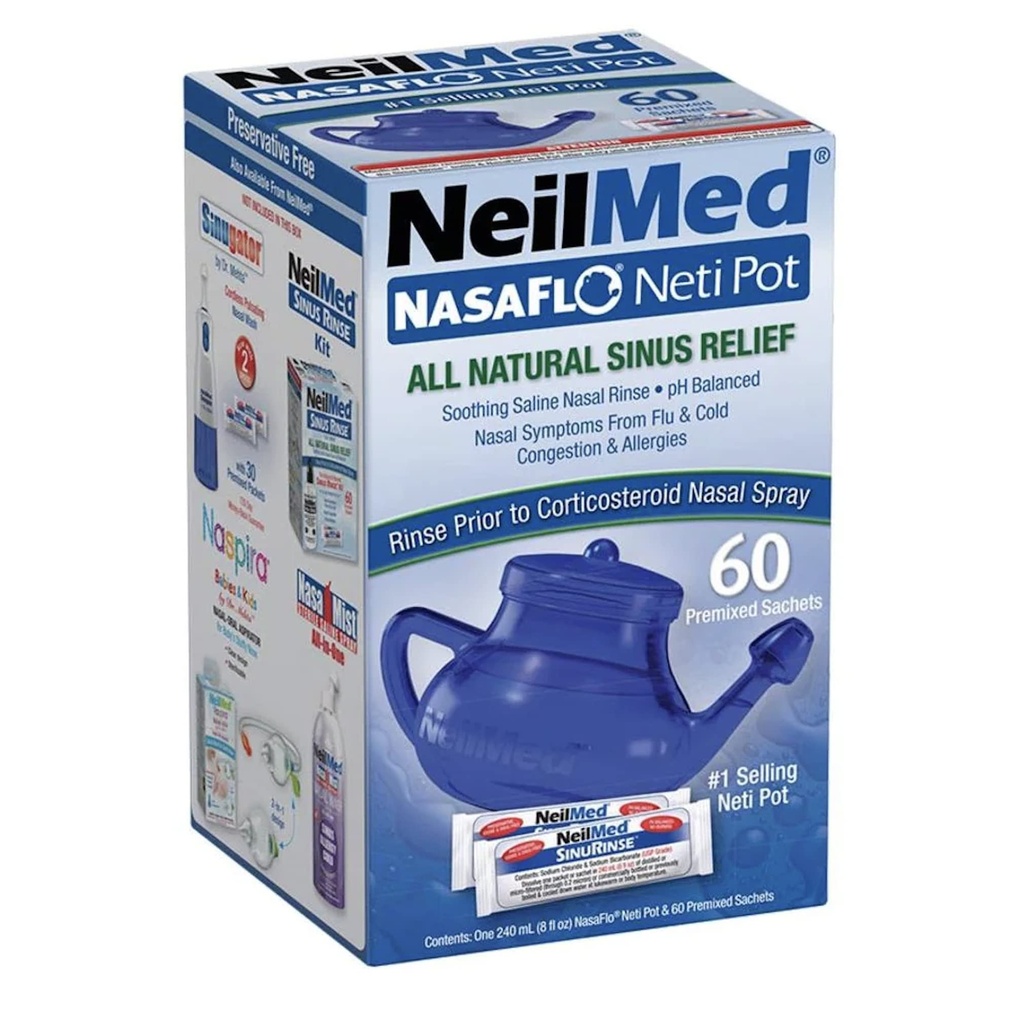 NeilMed NasaFlo Unbreakable Neti Pot med 60 forblandede pakker