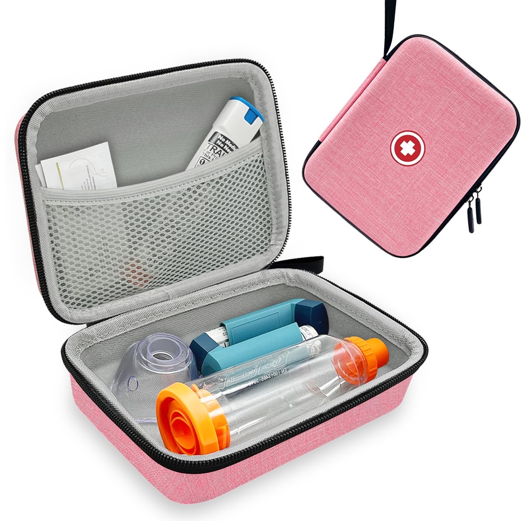Klawdsky Hard Inhaler Spacer Case for Kids and Adults, Asthma Inhaler Case with Mesh Pocket for Medicine and Other Accessories, Pink (Bag Only)