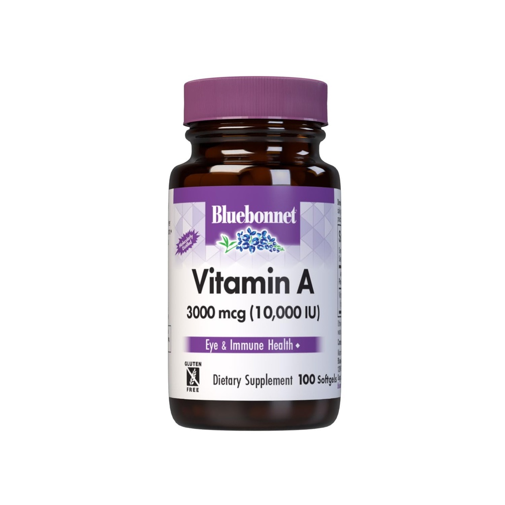 Blåbonnet Ernæring Vitamin A 10.000 IU fra dype hav, kaldt vann, fiskeolje - For øyehelse og immunfunksjon* - Glutenfri - Meliarisk Distillert - 100 Softgels - 100 Serveringer