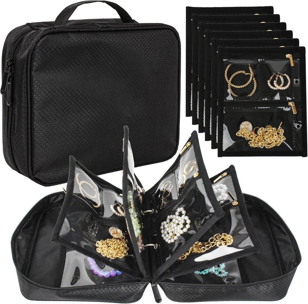 Reise smykker Organizer Case,Jewelry Vesker Smykker Oppbevaring Bok Binder med Clear Zipper Velvet Pouch for reise, øredobber, Ringer, halskjede, armbånd