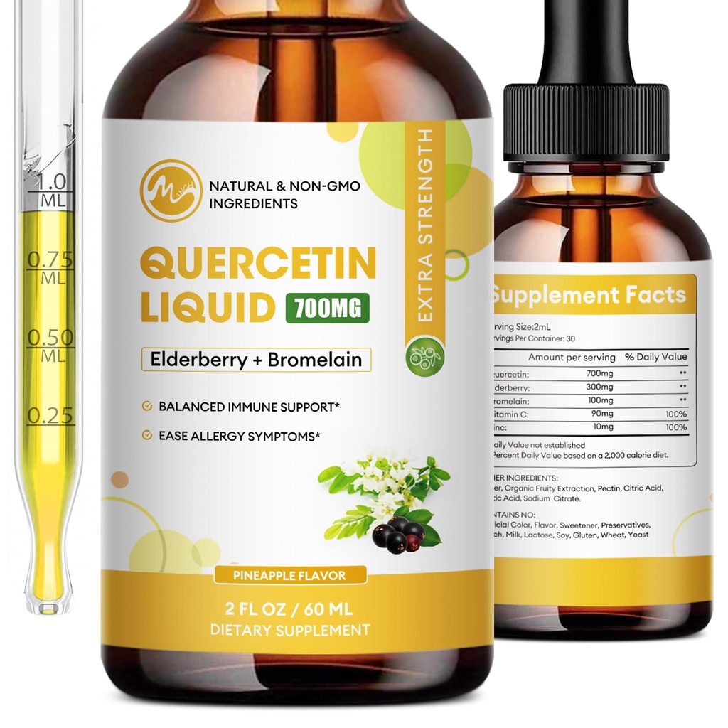 Quercetin flytende dråper - Quercetin kosttilskudd 700mg - 4X Sterkere enn piller og kapsler - 5 i 1 Quercetin med Bromelain Elderberry Vitamin for immunisme Helse Respiratorisk Helse Helse Helse- 2 Fl Oz