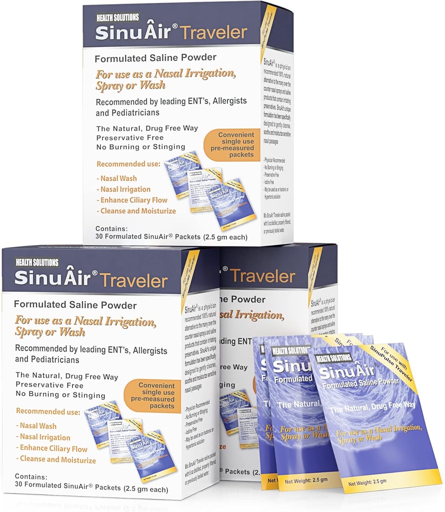 SinuAir 2,5 gram saltpakker - natriumklorid med kalium og kalsium, saltoppløsning pulverpåfyllingspakker for nasal irrigasjon maskin, 90 pakker