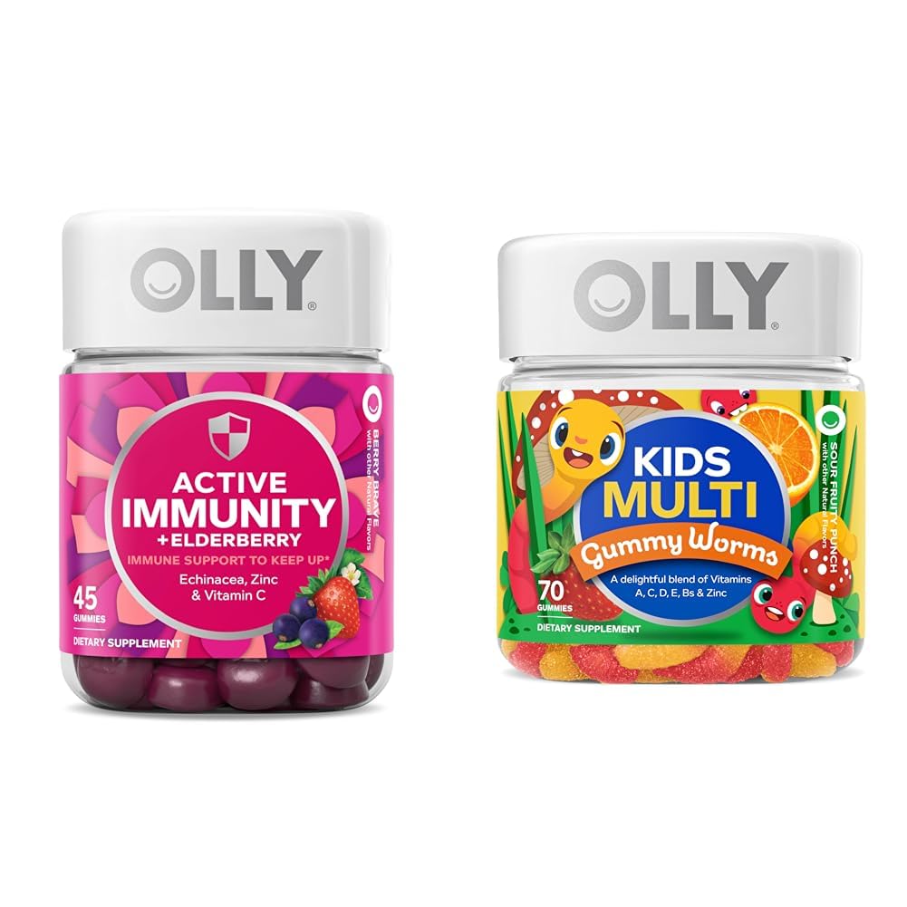 OLLY Gummy Aktivt Immunitet + Elderberry 45 Gummies & Kids Multivitamin Gummy Worms 70 Count
