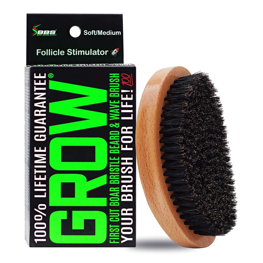 GROW Boar Bristle Skjeggbørste & 360 bølgebørste for menn – Skjegg og mustache vekstbørste – Skjeggbørste for menn og follikkelstimulator – Exfoliate, Detangle & Boost sirkulasjon – USA laget