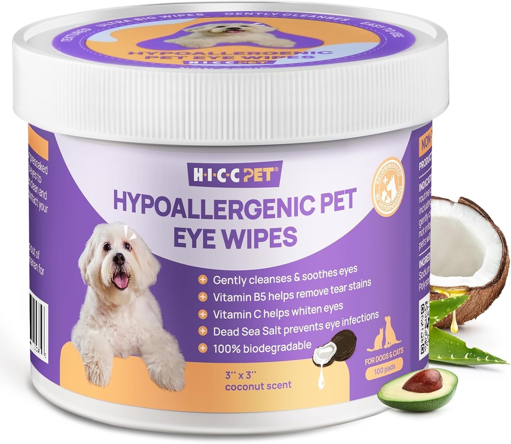 HICC PET Eyes Tørker for hunder og katter, Vet-anbefalt hund øyeinfeksjon behandling, forsiktig fjerne tear Stain, Debras, utløsning - Hypoallergenic Pet Eye Wash Cleaner for øyne, Wrinkle, Ansikt - 100pcs