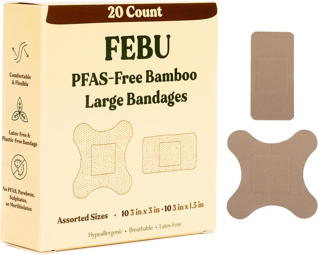 FEBU Eco-vennlig store Bamboo Bandages ® PFAS gratis bandages for Scrapes & Cuts ® Fleksibel stoff Bandage  enhver komponerbar, Latex Free Bandage ® 20 grev store
