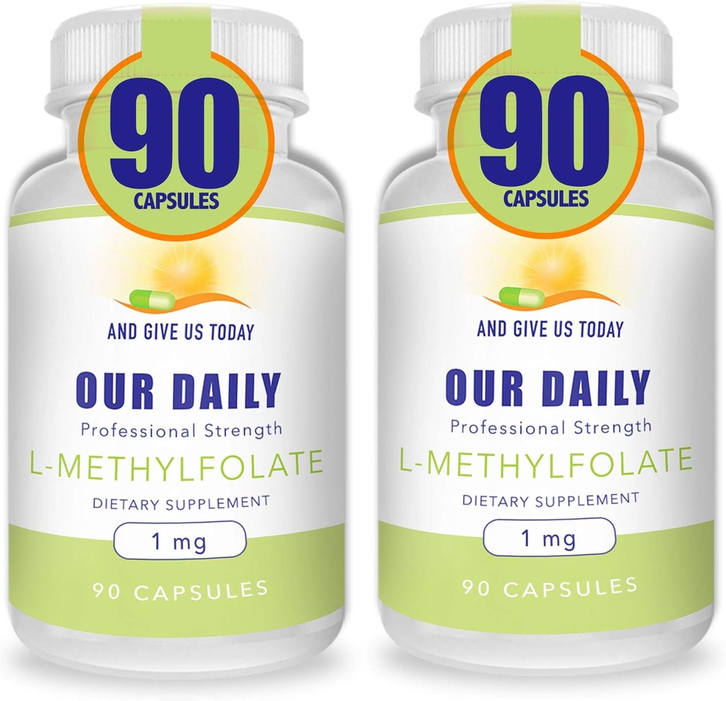 Våre daglige Vites L-Metylfolat 1mg / 1000mg Maks styrke aktiv folat, 5-MTHF, Filler gratis, Glutenfri, Ikke-GMO, Vegetariske kapsler 90 greve (pakke med 2)