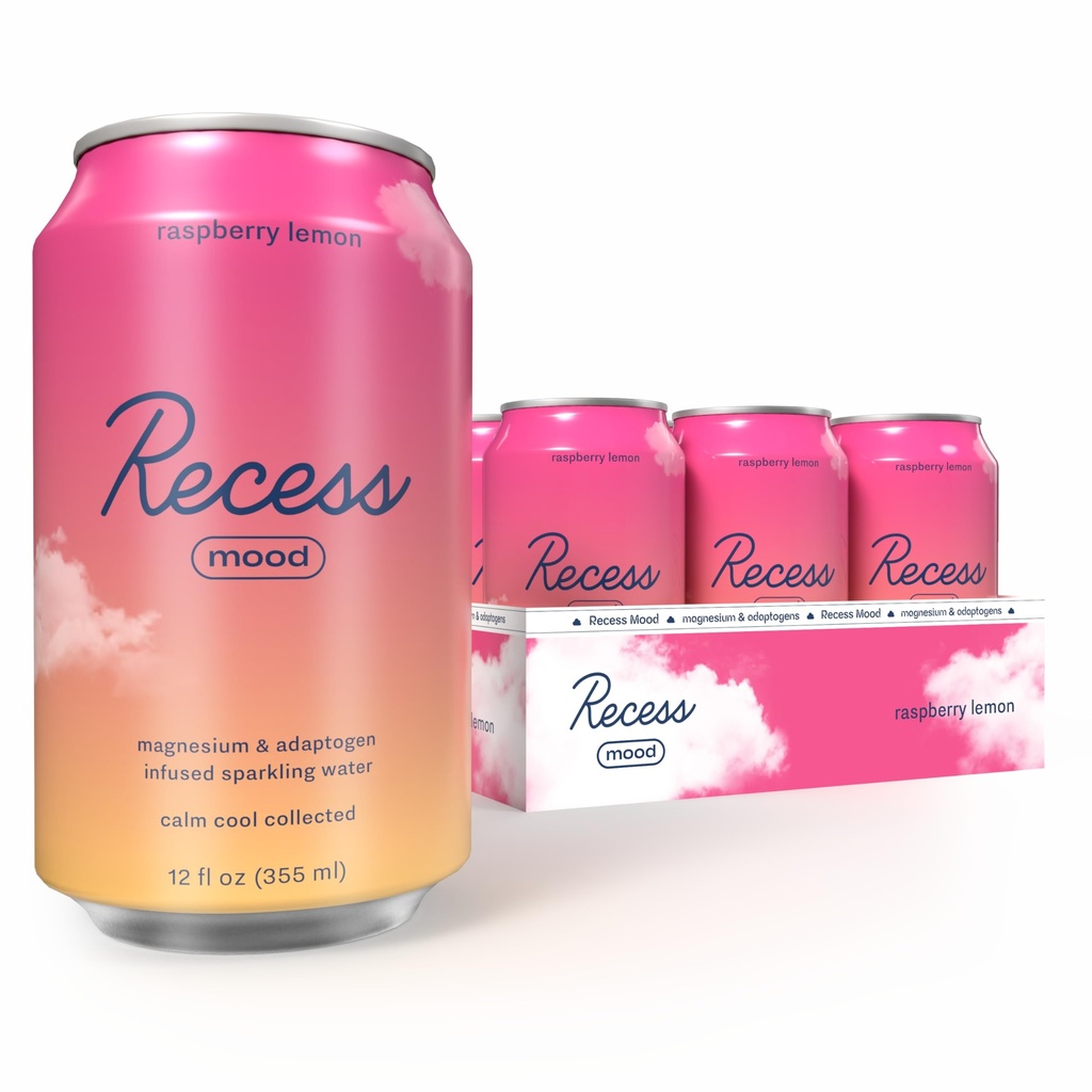 Recess Mood Magnesium & Adaptogen Drink, beroligende avslappende drikke, 12 ounce (Raspberry Lemon, 12 pakke)