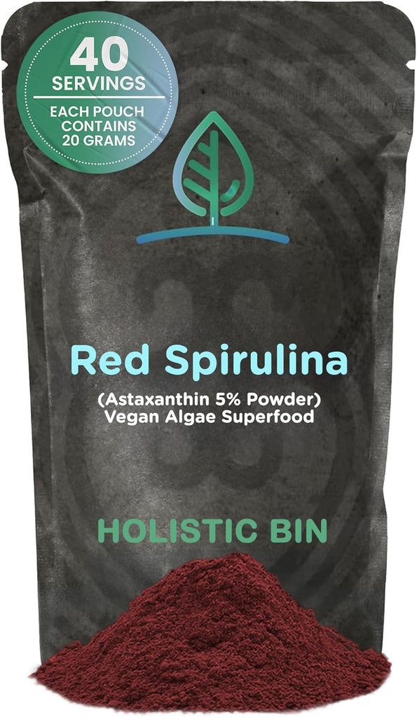 Holistisk Bin Organisk Astaxanthin pulver | Kraftig naturlig antioksidant kosttilskudd for smoothies og kapsler | Hele Haematococcus Pluvialis Algae Supplement (20 gram)