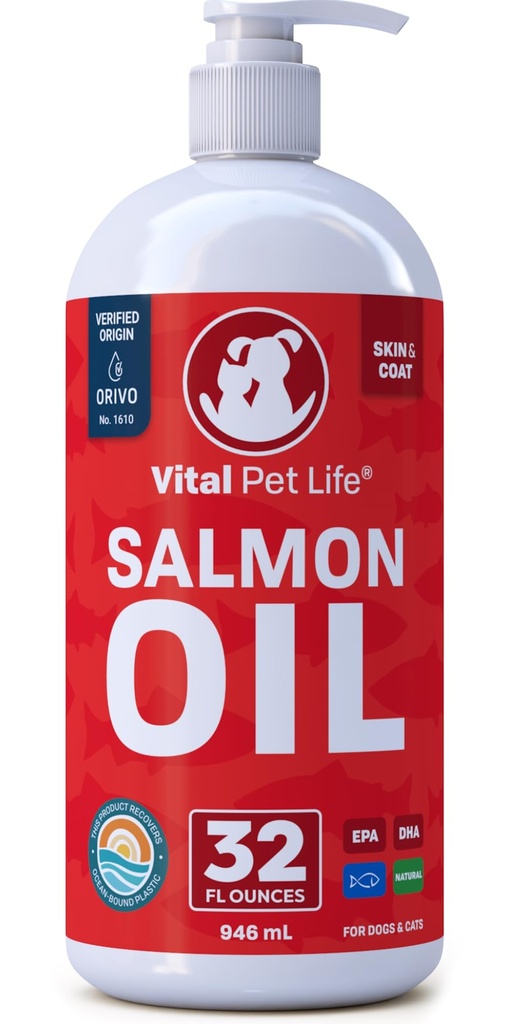 Laksolje for hunder og katter - Sunn hud & Coat, Fiskeolje, Omega 3 EPA DHA, Flytende mattilskudd for kjæledyr, Alt naturlig, støtter felles & bein helse, Naturlig allergi og inflammasjonsforsvar, 32 oz