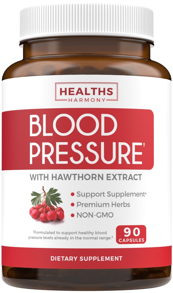 Blood Pressure Support Supplement (NON-GMO) Premium naturlige urter, vitaminer og bær - høy dosering av Hawthorn Berry Extract - støtter blodtrykksnivåer allerede i normal rekkevidde - 90 kapsler