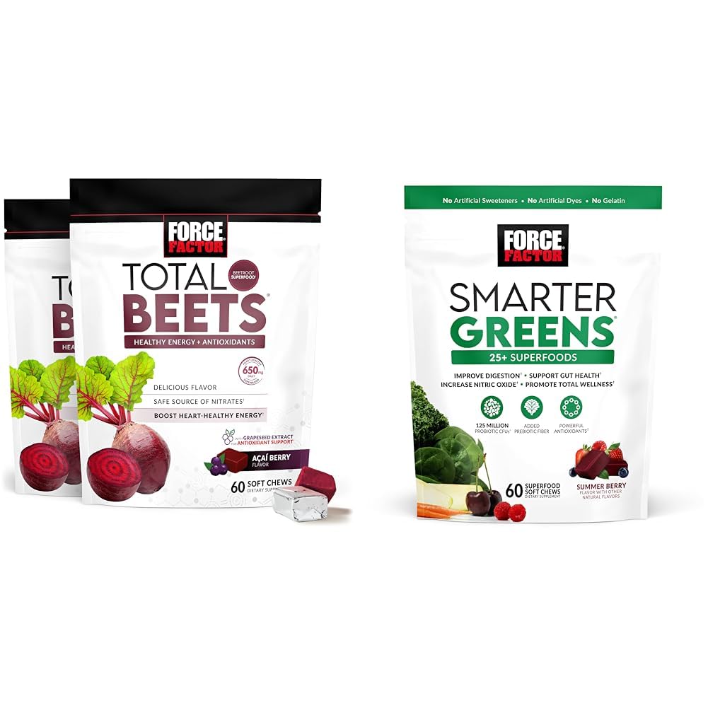 Force Factor Total Beets Mykt Chews med beetroot, Grapefrøekstrakt, Antioksidanter, Nitrater, L-Citrullin, 120 Count, 2-Pack og Smartere Grønn Supermat Chews med 25+ Superfoods, Probiotika, Antioksidanter, og Fiber, 60 Count