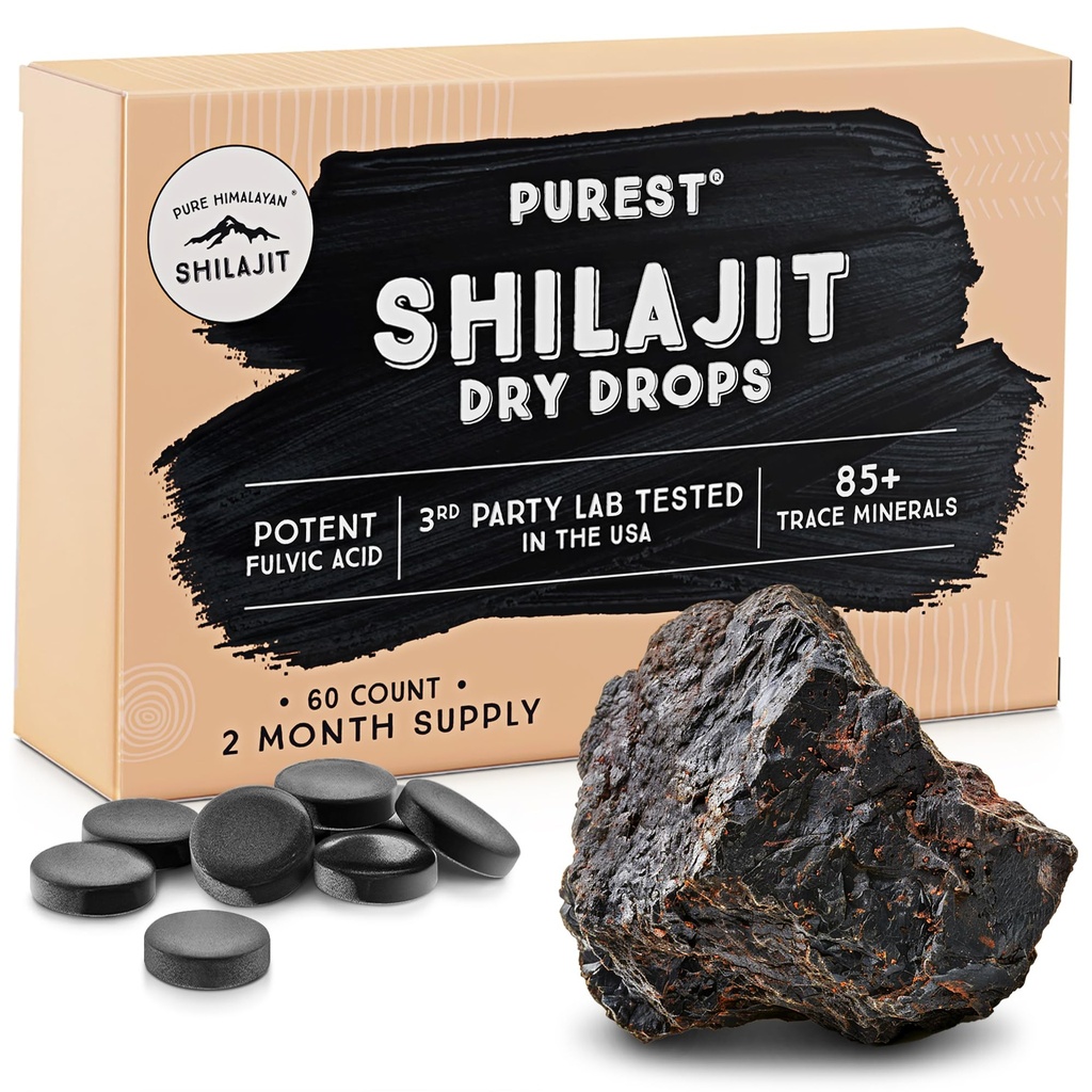 Pure Himalayan Shilajit tørr dråper, 100% ren naturlig Shilajit, Grad A, Max Potens 85+ Clean Trace Minerals & Fulvic Acid for energi, Metabolisme og immun støtte Supplement for menn og kvinner (60 faner)