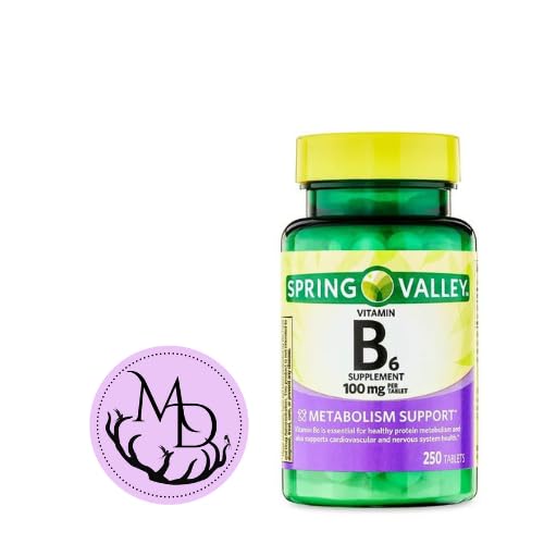 Generisk vitamin B6 Supplement Spring Valley, 100 mg, 250 greve + klistremerke Dri Store