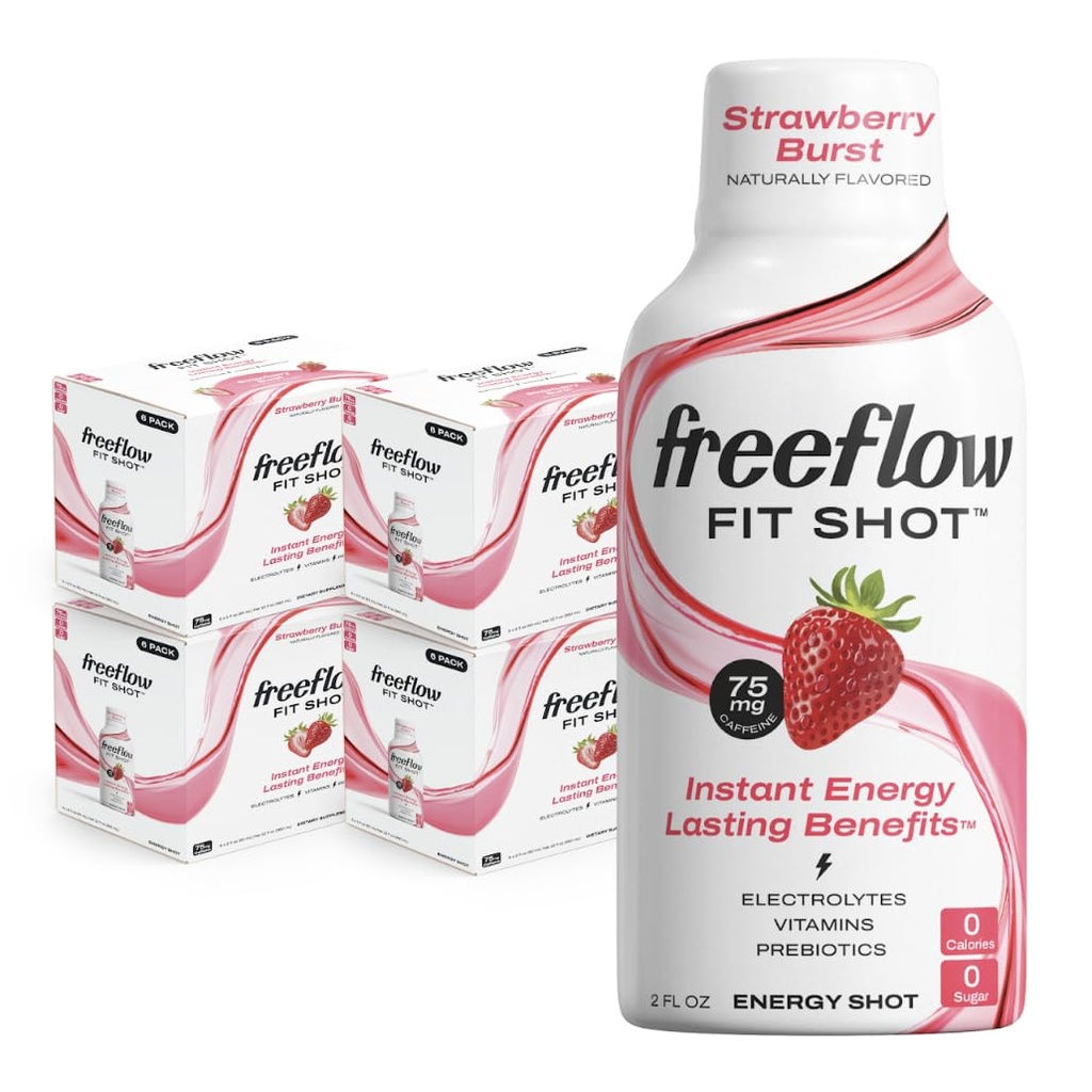 Freeflow Fit Energi Shots, Jordbær Burst, Naturlig Koffein Boost med L-theanine, Ginseng, vitaminer, Prebiotika, Electrolytes (24 greve, 2oz Shots)