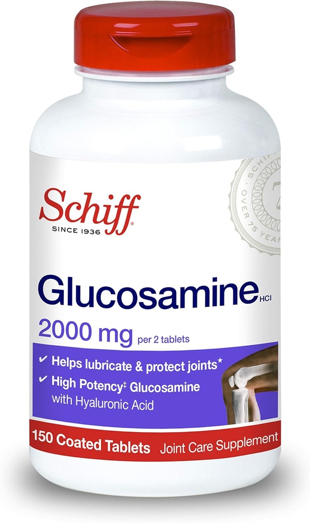 Schiff Glucosamine 2000mg (per servering) + Hyaluronsyretabletter (150 greve i en flaske), Joint Care Supplement som hjelper støtte felles mobilitet og fleksibilitet, støtter strukturen av Cartilage
