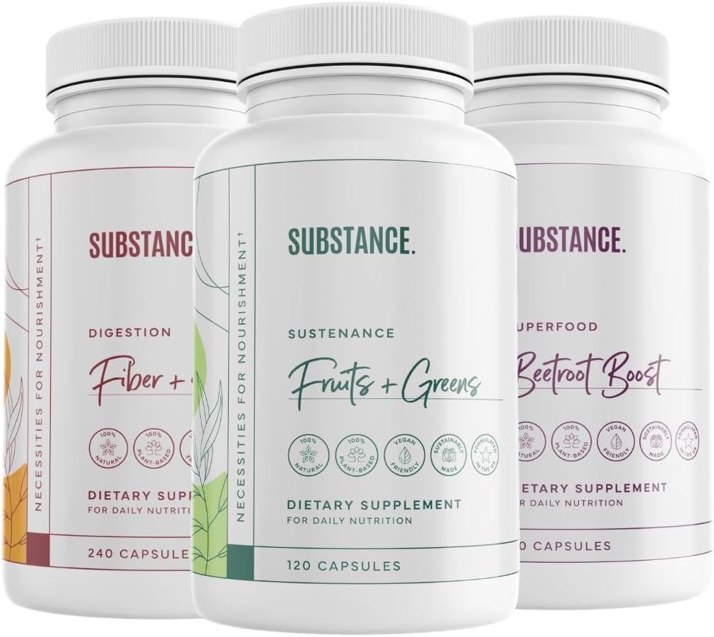 STOF. 3-pakke total velvære Bundle: Naturens sustenance daglige frukt og grønnsaker (120 Caps) + Fiber & Spices (240 Caps) + Beetroot Boost (180 Caps) - US Made, Vegansk-vennlig