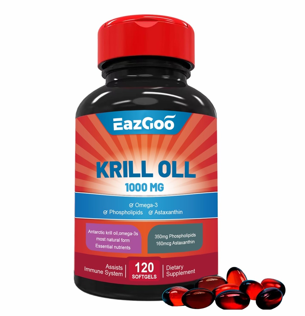 Antarktis krillolje 1000 mg, Omega 3 Supplement,EPA, DHA, Fosfolipider og Astaxanthin- 120 Softgels