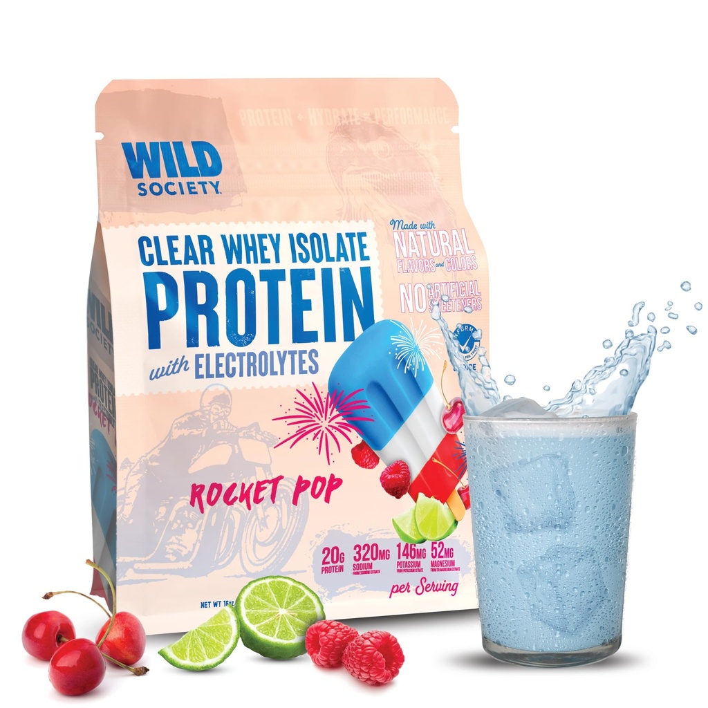 WILD SOCIETY - Clear Whey Protein + Electrolytes - Forfriskende Whey Protein Isolate pulver - 20g Protein, 0 tilsatt sukker, GMO-fri, naturlige flavors & farger - Rocket Pop, 16 oz