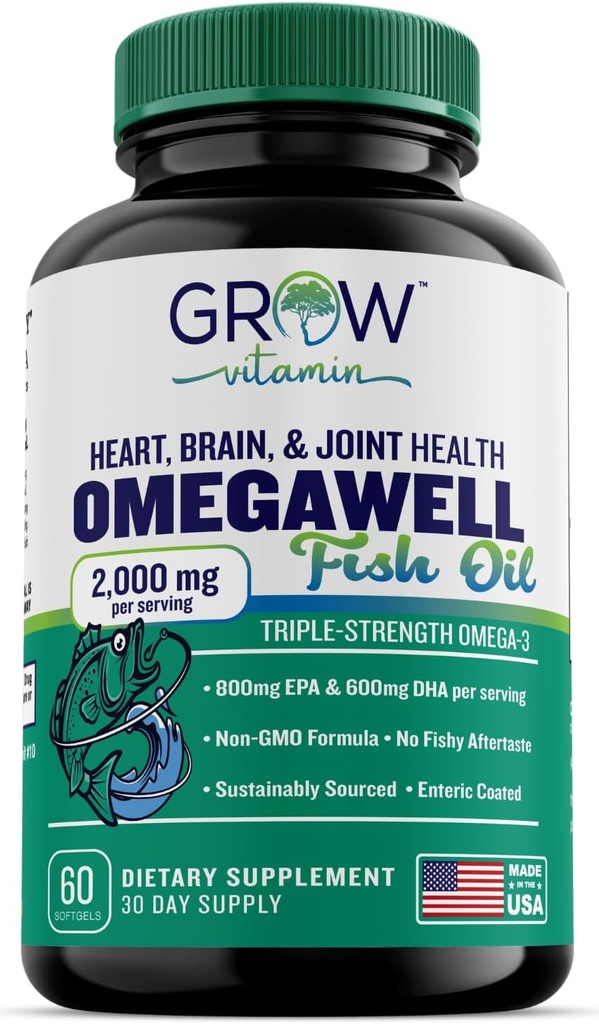 vokse vitamin trippel styrke omega 3 Fish Oil, 800 mg EPA 600 DHA Supplement for hjerte, hjerne og immun støtte, absorberbar trippel styrke, bærekraftig kilde - Mini Softgels - 30 dagers forsyning