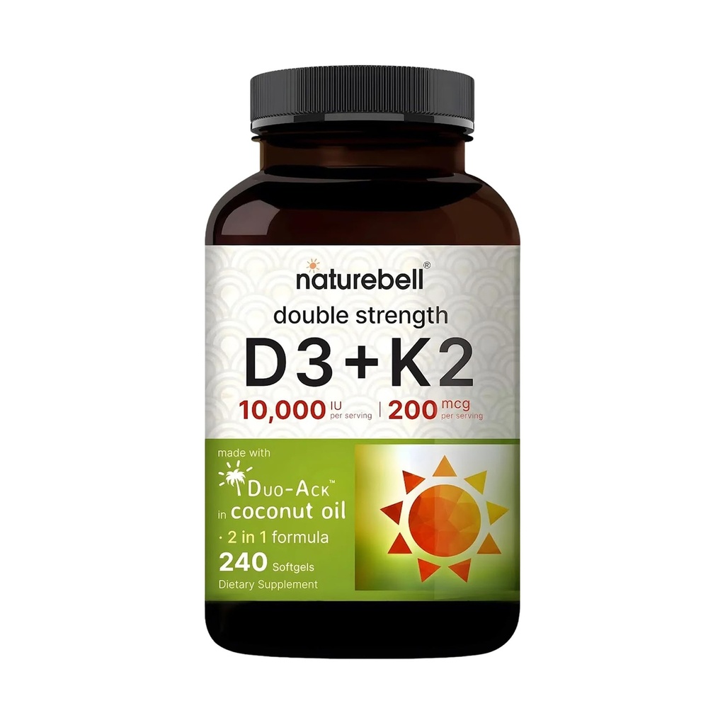 NatureBell vitamin dobbel styrke D3 + K2-240 Softgels - 10.000 IU Vitamin D & 200mcg K2 - Beinstyrke, immunfunksjon og kalsiumabsorpsjonsstøtte * - Kokosolje infundert