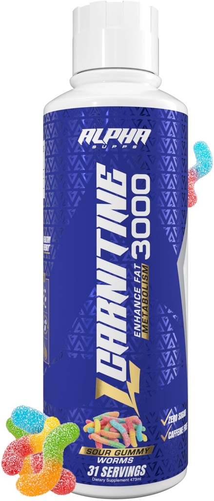 Alpha Supps L Carnitine flytende 3000 | Stimulant-fri L-Carnitine Supplement for menn og kvinner | Pre-Workout Energi Boost & Muscle Recovery | Null sukker, fett, og karbohydrater | 31 Serveringer (Sour Gummy Worms)