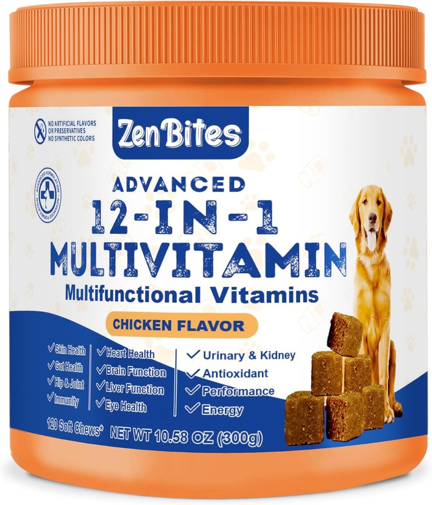 12-i-1 Hundevitaminer og probiotika 120 Myke Chews - organisk multivitamin med glukosamin for hunder - Felles støttetilskudd for hunder i alle aldre, størrelser, og avler, støtte til huden, Heart,immunitet