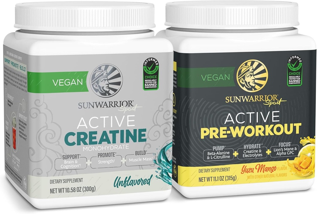 Aktiv Preworkout Hydration Blanding & Kreatin Monohydrat Powder Set | Bundle & Lagre | Ikke-GMO Soya Dairy Filler & Glutenfri (60 Serverer Uslavored Creatine, 30 Services Yuzu Mango Pre Workout)