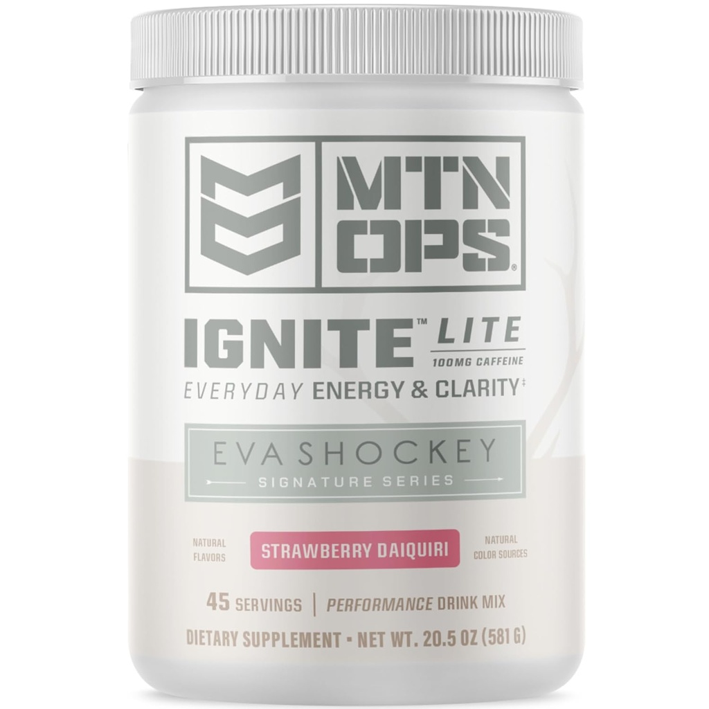 MTN OPS Ignite Lite Energi Drikkepulver Glutenfri Nitric Oxid Supplement Drikkeblanding, L Arginine, L Citrulline, Koffein & Nootropic Sukker Gratis Drikkeblanding, 45 Serverer, Jordbær Daiquiri Flavor av Eva Shockey