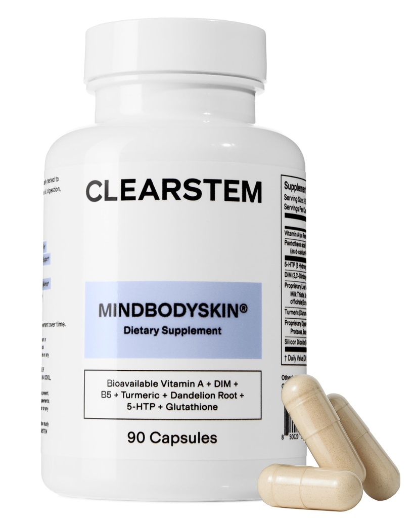 CLEARSTEM - MINDBUDSKIN Hormonal Acne Supplement (5-HTP) - Naturlig DIM Supplement - Hudpleie Vitaminer - Hormonbalanse, Antioksidanter - Glutenfri, Cruelty Gratis - 30 Tjenester, 90 Kapsler