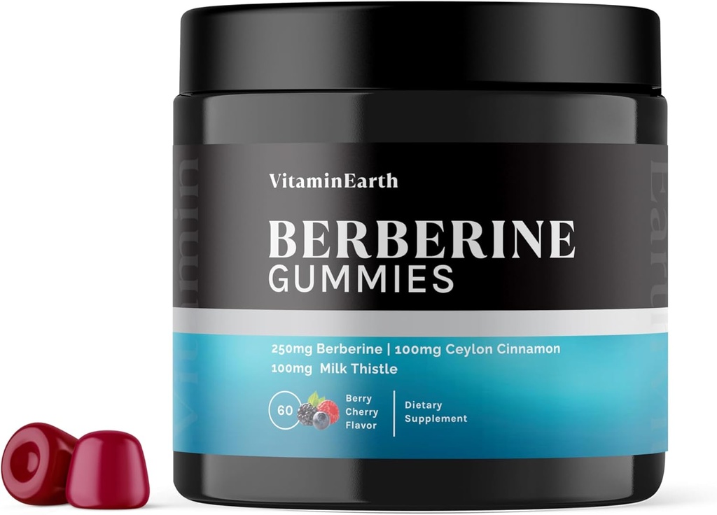 Berberine Gummies med Berberine HCL, Ceylon Cinnamon & Melke Thistle for immun- og metabolismestøtte - Berry Cherry Flavor - 60 Count