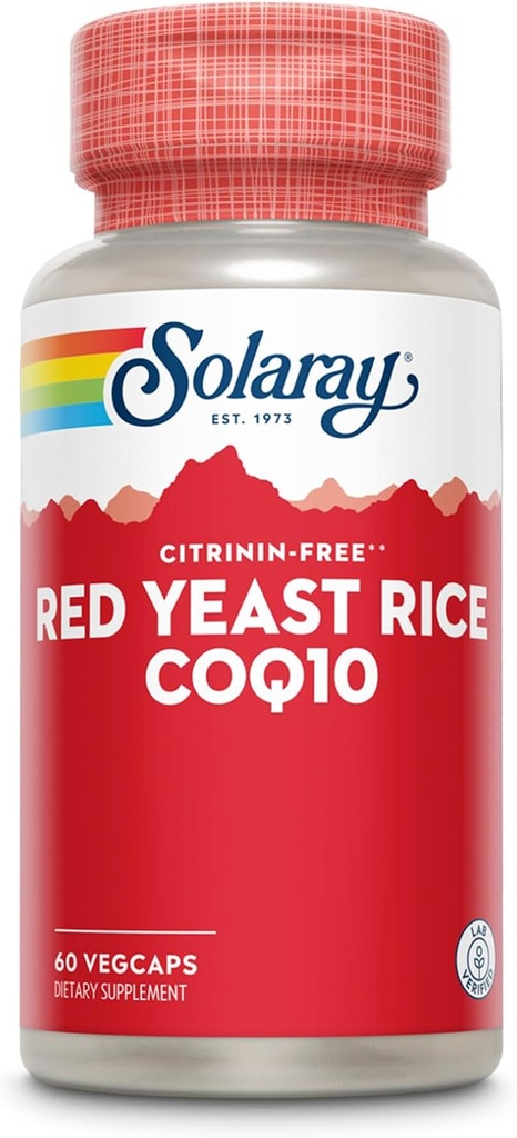 SOLARAY Red Yeast Rice Plus CoQ-10 & No-Flush Niacin Vitamin B-3, sunn hjerte og kardiovaskulær støtte, ikke-irradiert og citrin gratis, 60 dagers pengene tilbake garanti, 60 serveringer, 60 vegkaps
