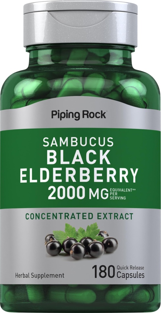 Piping Rock Elderberry Capsules | 2000 mg | 180 piller | Sambucus Herbal ekstrakt Supplement | Konsentrert ekstrakt | Ikke-GMO, Glutenfri