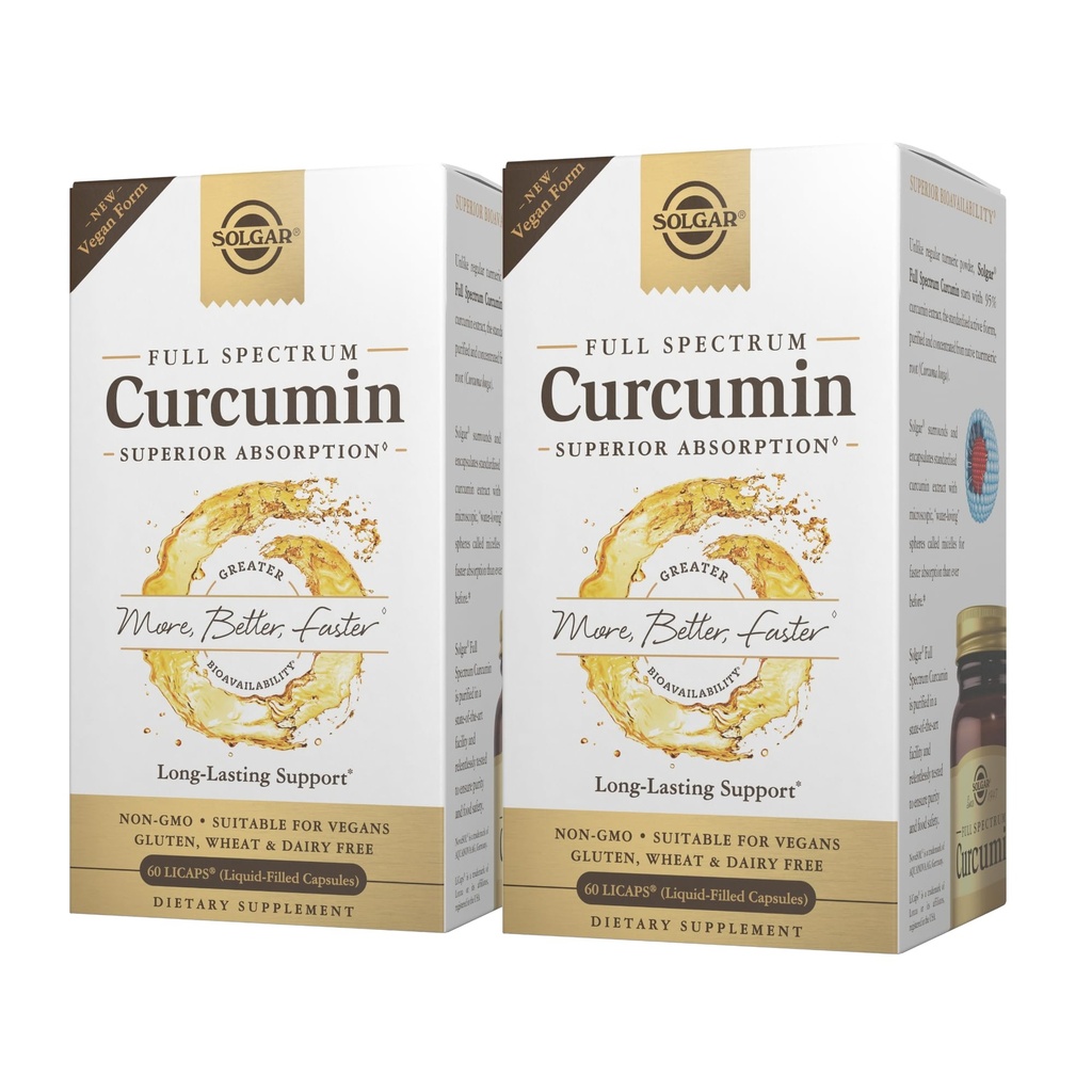 Solgar Full Spectrum Curcumin - 60 LiCaps, Pakke med 2 - Superior Absorpsjon - Hjerne, Joint & Immune Health - Ikke-GMO, Vegan, Glutenfri, Dairy Free - 120 Totalt