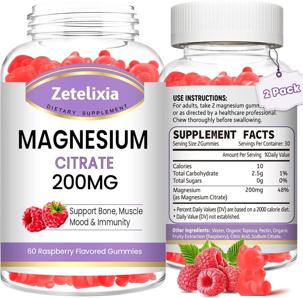 2 Pack Magnesium Citrat Gummies, høy absorpsjon Magnesium Gummies for voksne, Muskel og tenner støtte, Vegan naturlig bringebær flavor 120 Cts
