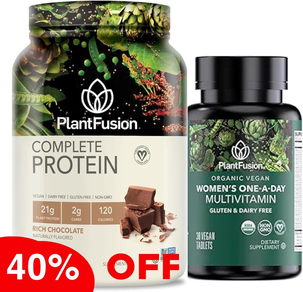 PlantFusion Protein Powder & Organic Womens Multivitamin Bundle - 21g Plantebasert protein med BCAA, rene ingredienser, & Delicious Flavor Plus 19 essensielle vitaminer for energi, immunitet og hjerte Hea