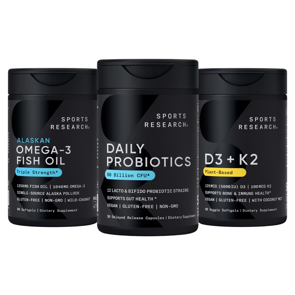 Idrettsforskning Wild Alaskan Pollock Omega 3 Fish Oil 90 Softgels (1250 mg) + Vegan probiotika med prebiotika, 60 milliarder CFU (30 Softgels) + 5000 IU Vitamin D + 100mcg Mk7 Vitamin K (60 Softgels)