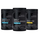 Idrettsforskning Wild Alaskan Pollock Omega 3 Fish Oil 90 Softgels (1250 mg) + Vegan probiotika med prebiotika, 60 milliarder CFU (30 Softgels) + 5000 IU Vitamin D + 100mcg Mk7 Vitamin K (60 Softgels)