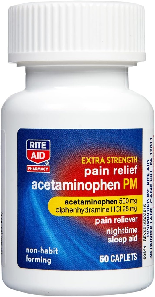Rite Aid Ekstra styrke PM Smerte Relief Caplets, 500mg Acetaminophen / 25mg Diphenhydramine - 50 greve | Nighttime PM Smerte Relief + søvnhjelp | Joint Smerte Relief | Menstrual smerte Relief + PMS Relief