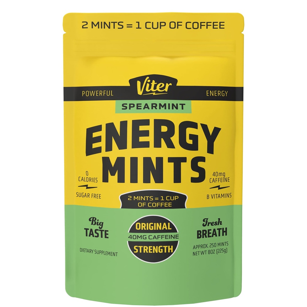 Viter energi 40mg Koffein mynter - sukkerfri, B-vitaminer, vegansk, boosts rask energiisert alarm fokus, koffeinert nootropisk kosttilskudd piller (Spearmint flavor, 8oz, bulk pose)