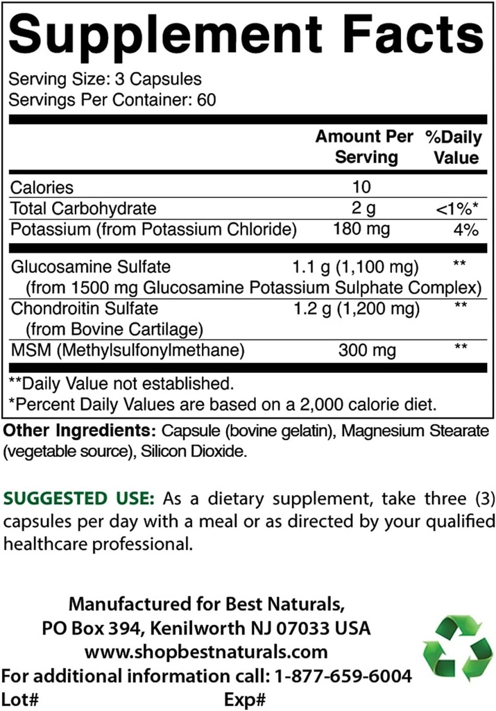 Beste Naturals Glukosamine Chondroitin og MSM & Vitamin D3 2000 IU