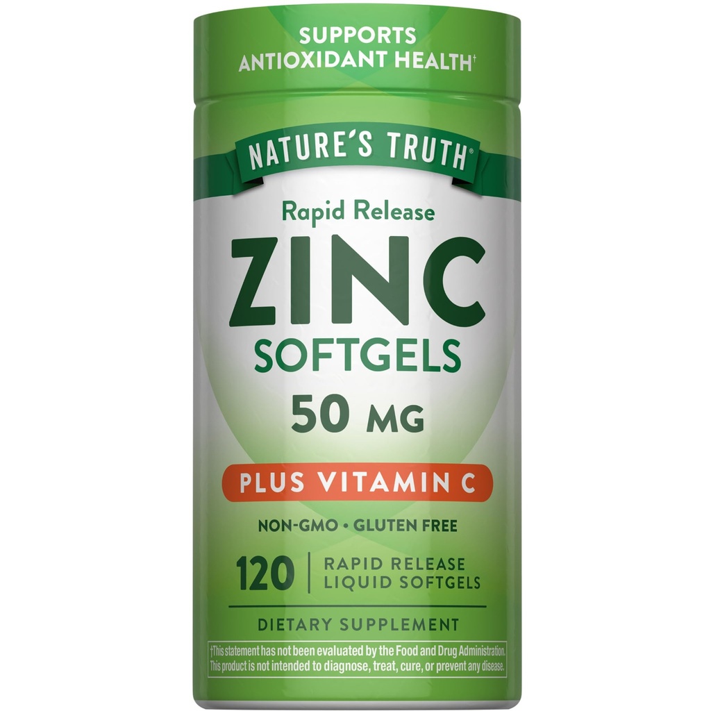 Naturens sannhet sink med vitamin C | 50 mg | 120 softgels | Ikke-GMO & Glutenfri Supplement